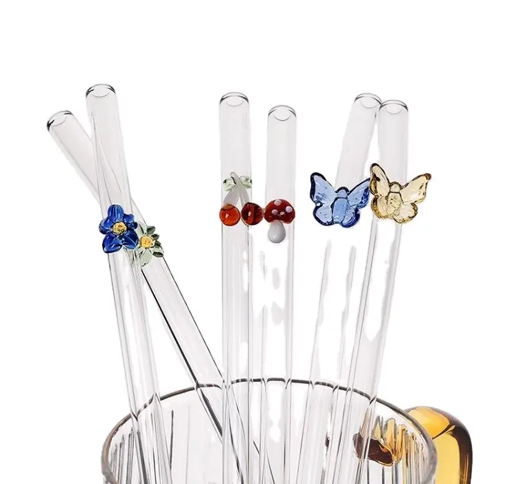 Многоразовая боросиликатная бабочка Грибная стеклянная Соломка для питья высокотемпературная стойкая прозрачная цветная согнутая соломинка для коктейля