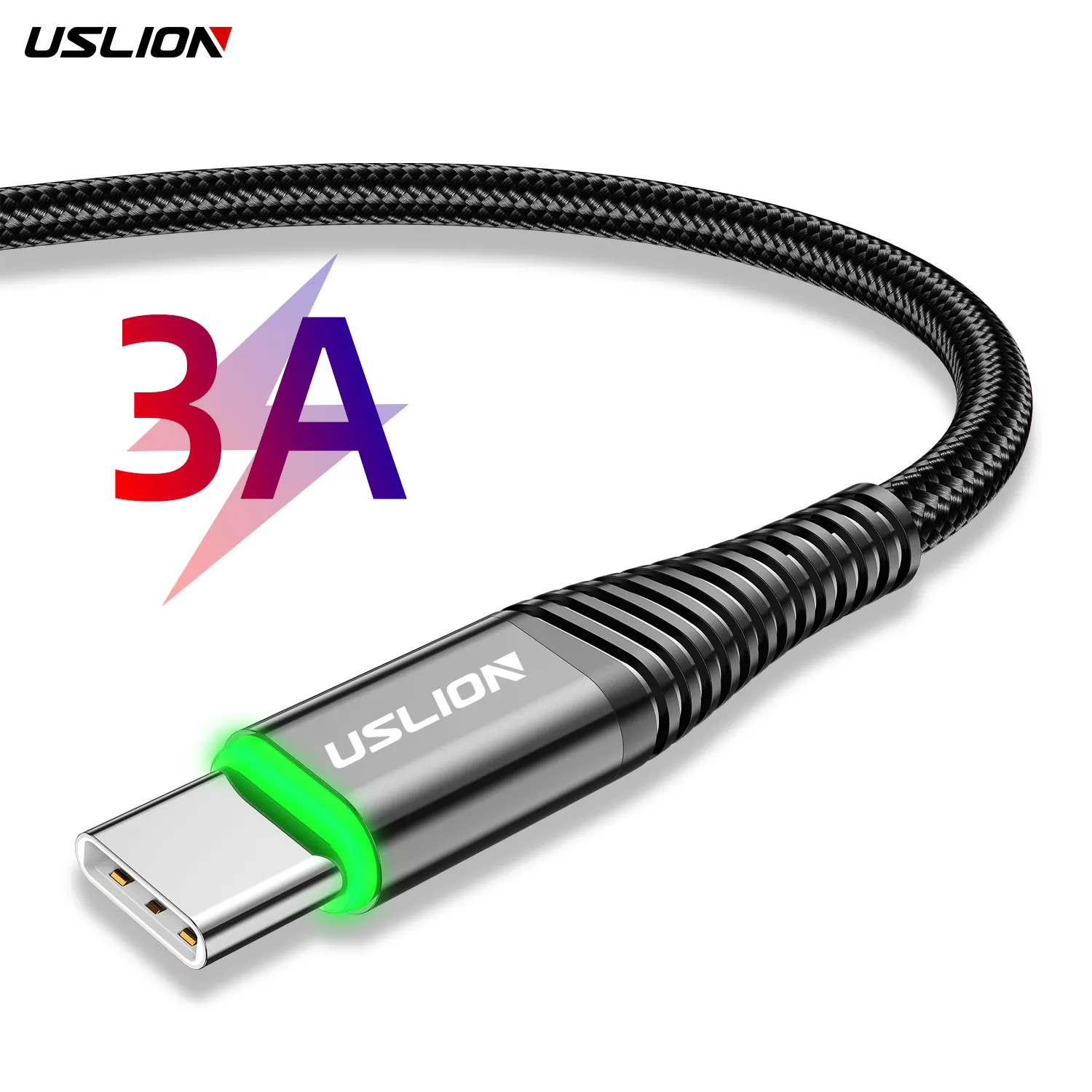 USLION 2 м 3A Быстрая зарядка зеленый светодиодный зарядный кабель Micro USB Type C кабель для передачи данных мобильный телефон USB кабель для Samsung