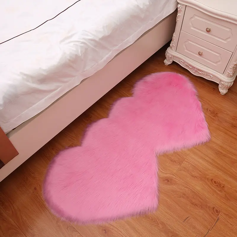 Factory Long Hair Supply Double Heart Shape Bedroom Mat Area Carpet Fur Rug Sheepskin