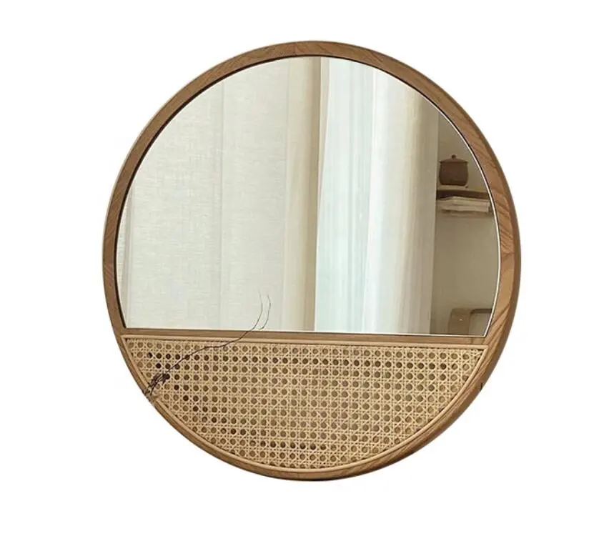 SWT Ins Hot Large Wooden Round Wall Mounted Rattan Mirror For Home Decoration