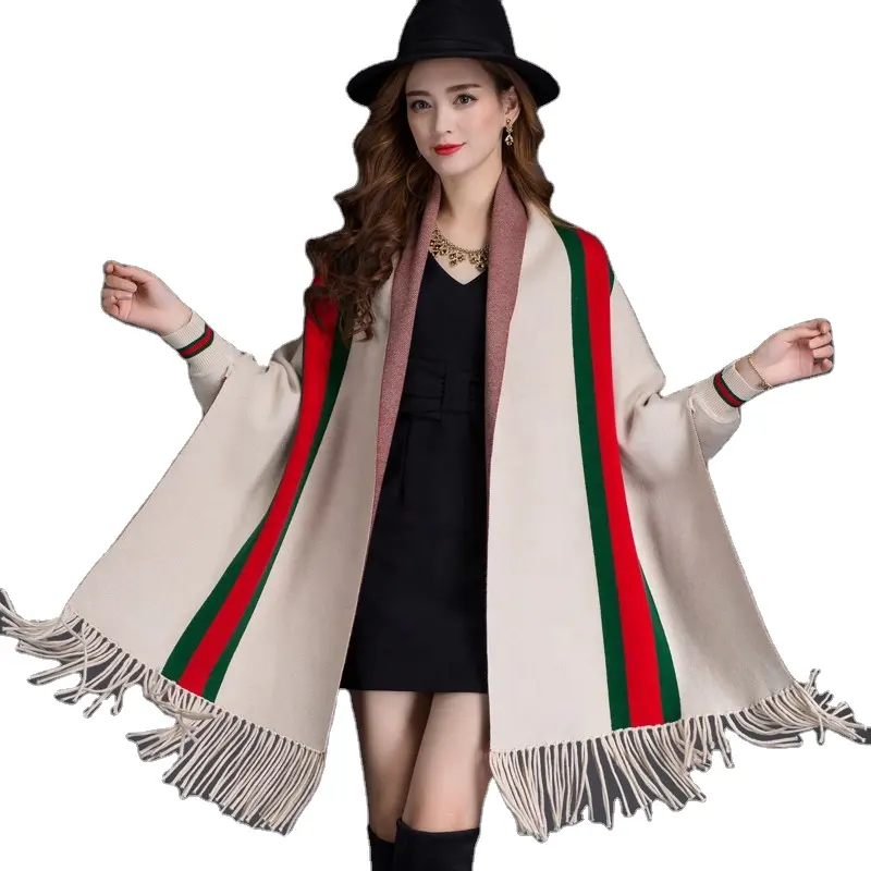 wholesale new model women winter poncho coat viscose vertical stripe shawl wrap with sleeves