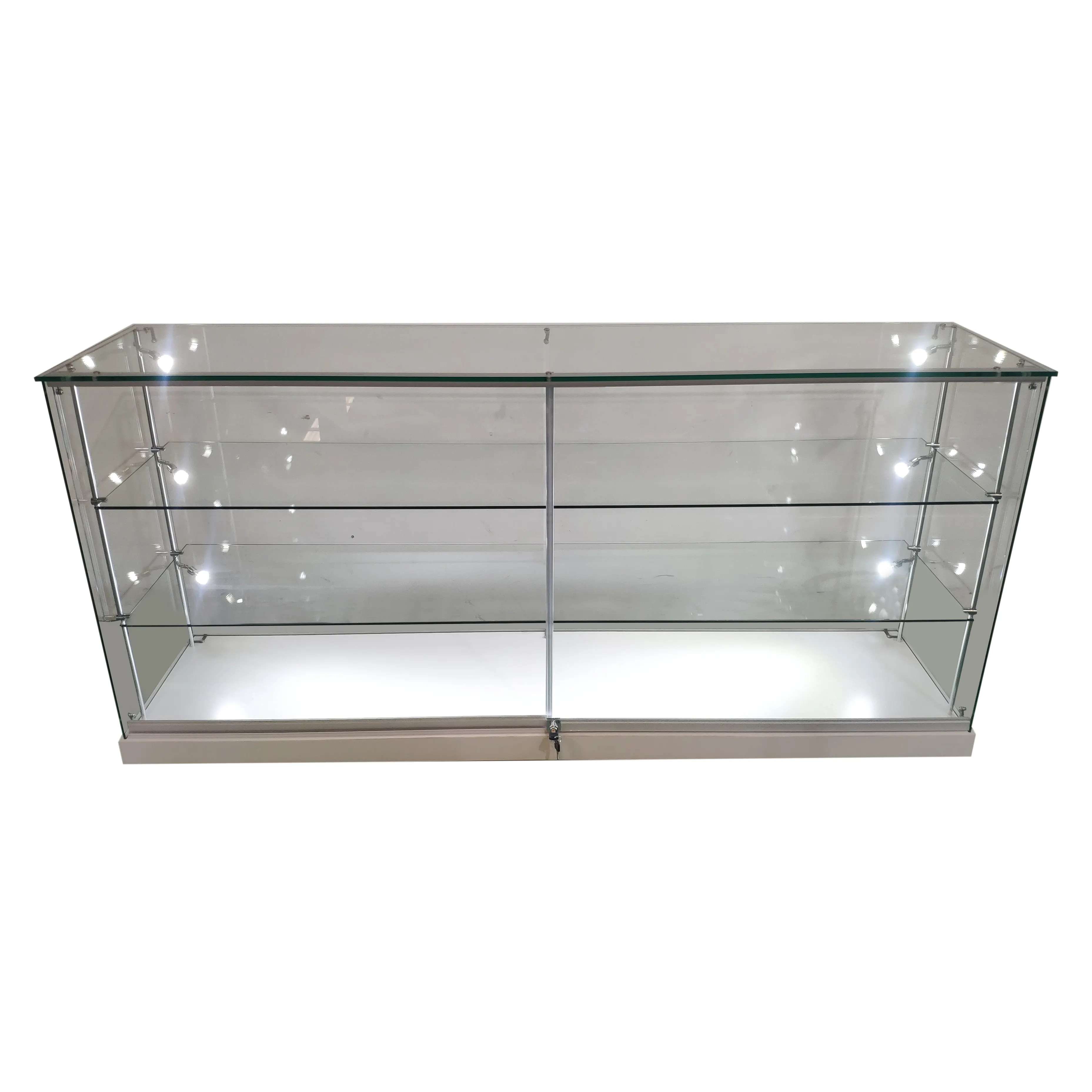 Sliver retail glass display cabinet with 2 adjustable glass shelves on poles