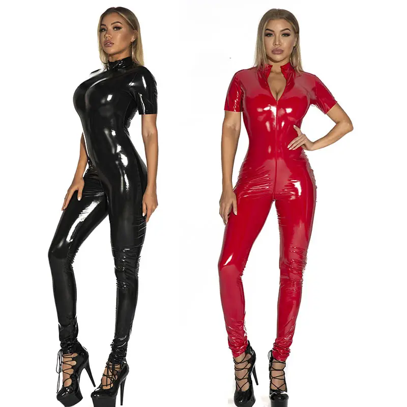 Zipper Latex Catsuit Sexy Nightclub Short Sleeve Sexy Bodysuit Open Crotch Women Jumpsuit 2021