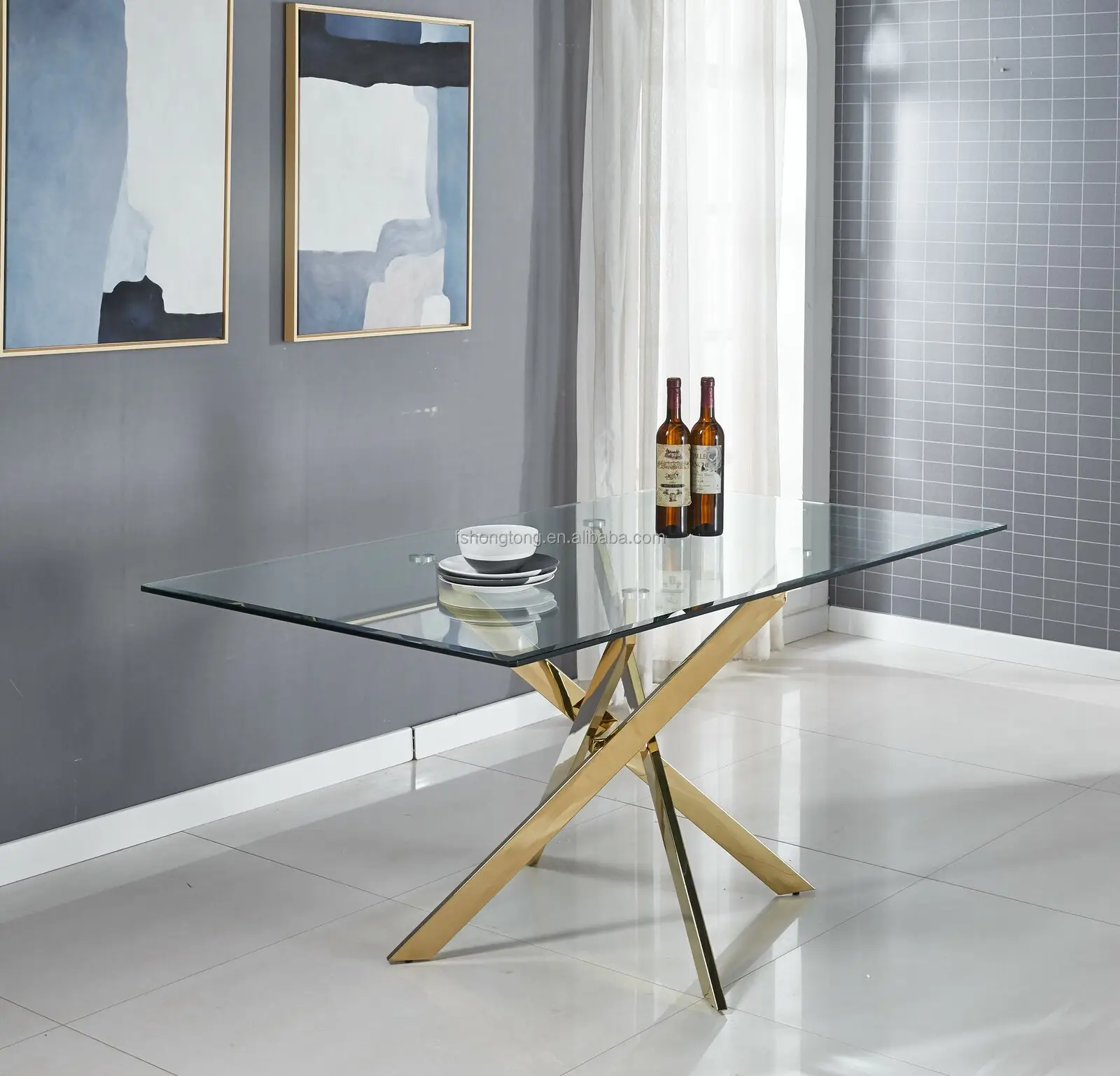 Trestle X leg, роскошный дизайн интерьера, современный позолоченный роскошный обеденный стол из нержавеющей стали и стекла