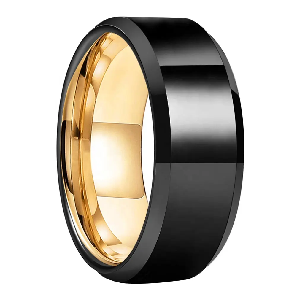 8mm Black Gold Tungsten Carbide Ring For Men Women Engagement Wedding Band 2 Tone Beveled Edges Polished Shiny Comfort Fit