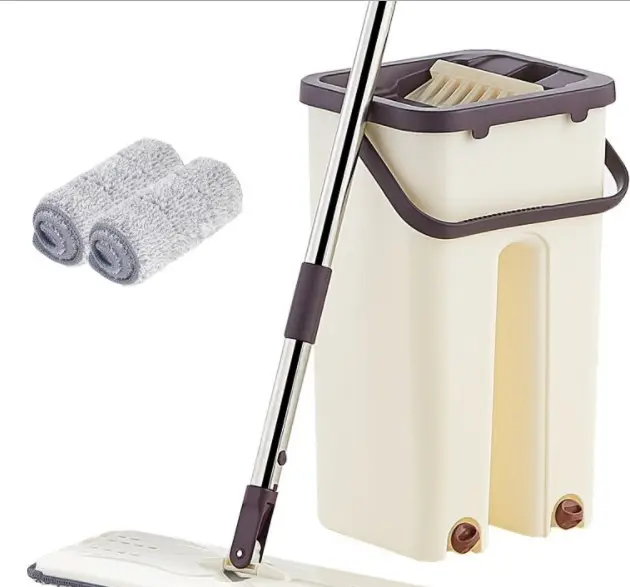 Two Mop Head Floor Cleaning Flat Mop Hand Free Squeeze Flat Mop