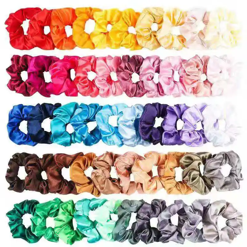 Faux silk fabric 40/50 colors per pack satin hair ties wholesale custom solid color satin scrunchies silk scrunchies