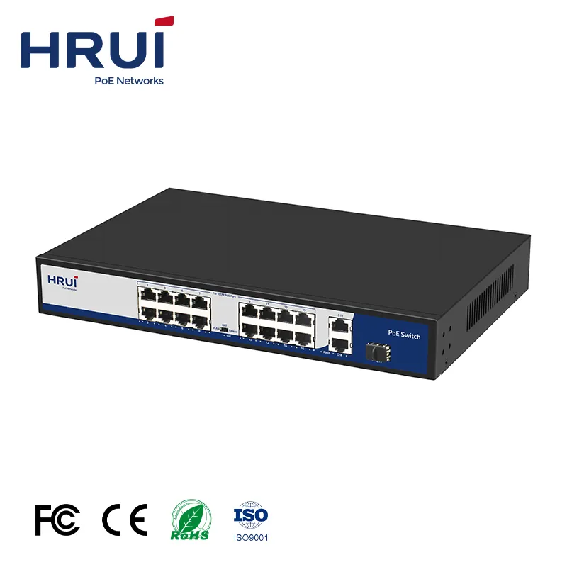 24 Port Ethernet Switch HRUI Hot Sale 16 Ports Gigabit PoE Switch With 2 Ethernet Uplink Ports 1 SFP Slot For CCTV IP Camera