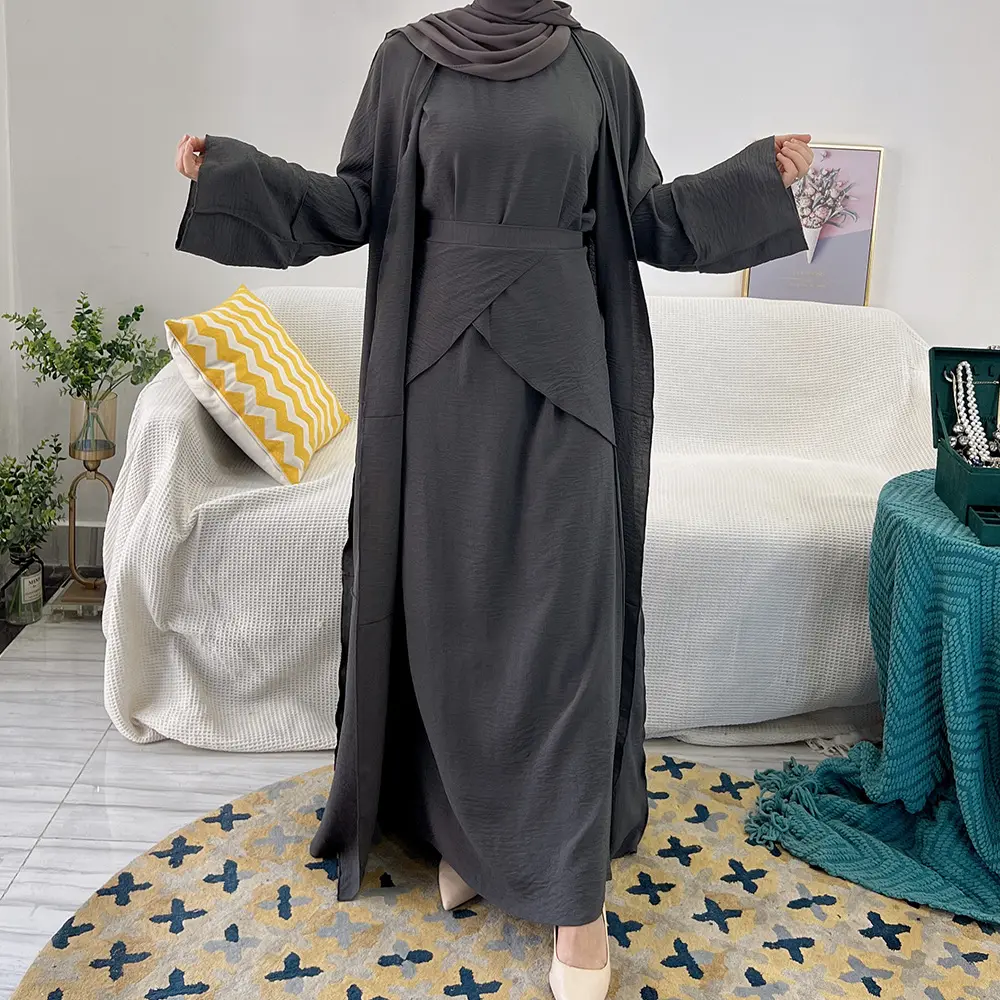Дышащий хороший материал, длинный открытый стиль, однотонный мусульманский комплект для девушек, Ид-Абая