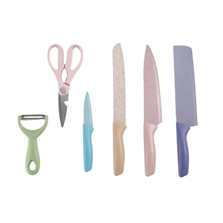 Wholesale Color Gift Knife Set Wheat Straw Coating Stainless Steel Kitchen Knife Set of 6