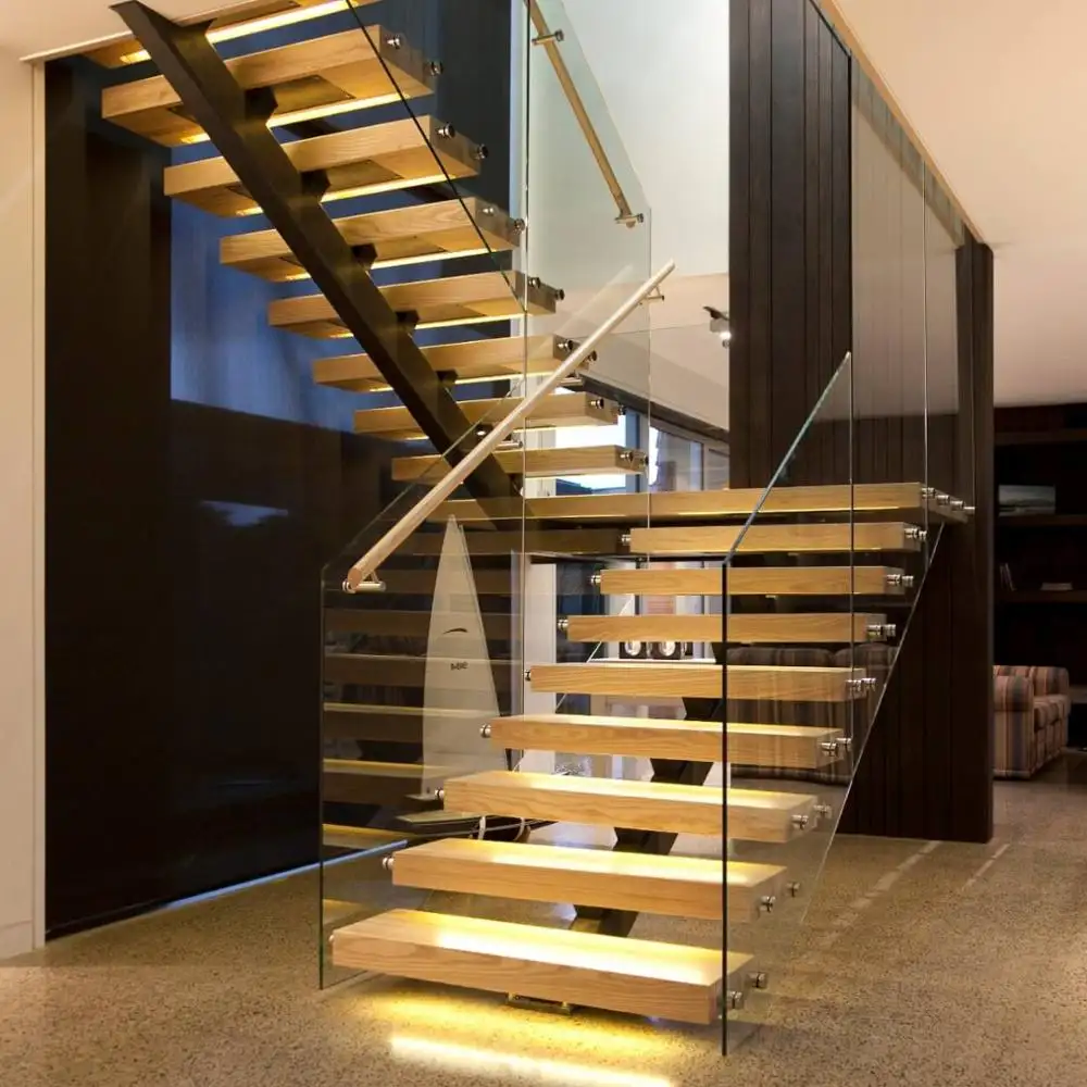 Indoor Solid Wood Oak Straight Staircase Prefabricated Metal with Glass Railing Stairs Laminated Glass Tread Straight Shape