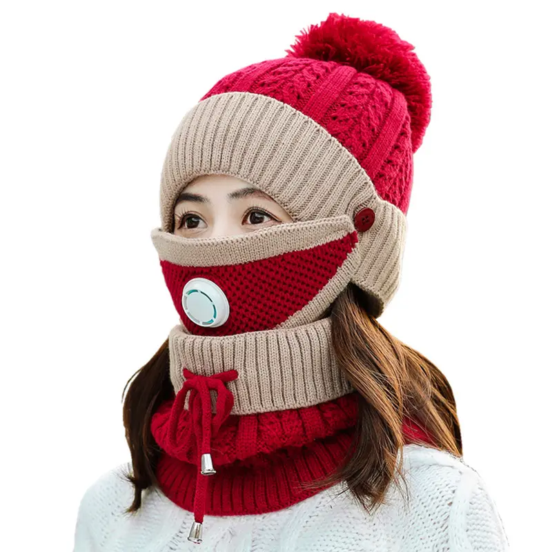 Оптовая продажа, 3 шт., зимняя женская вязаная крючком шапка-поплавок для девушек, теплая меховая шапка с помпоном и шарф, комплект с дыхательным клапаном