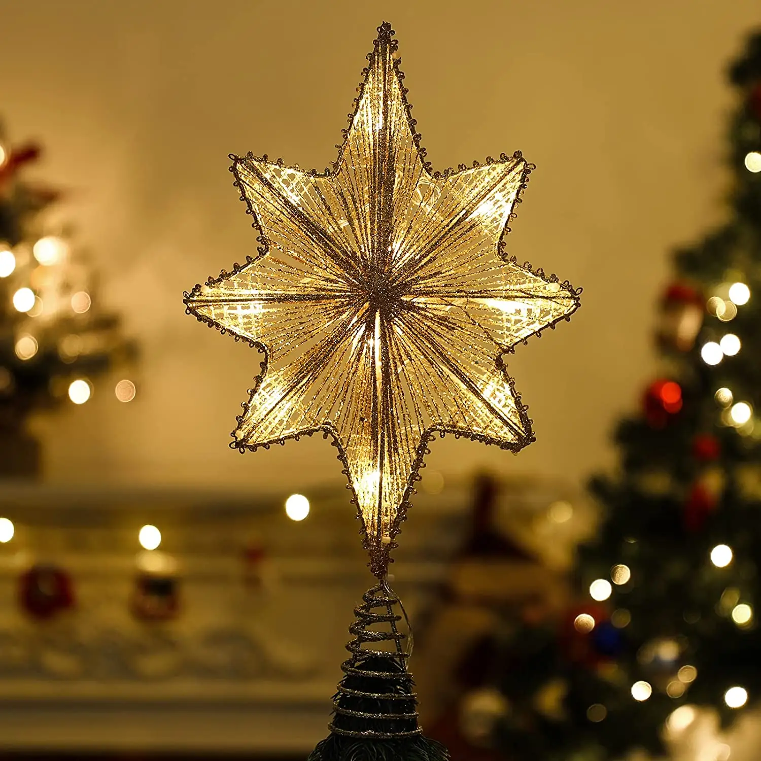 Lewondr Large Size Anise Star Christmas Tree Topper Battery Powered Star Shape Upper Decor Xmas Ornament Champagne Gold