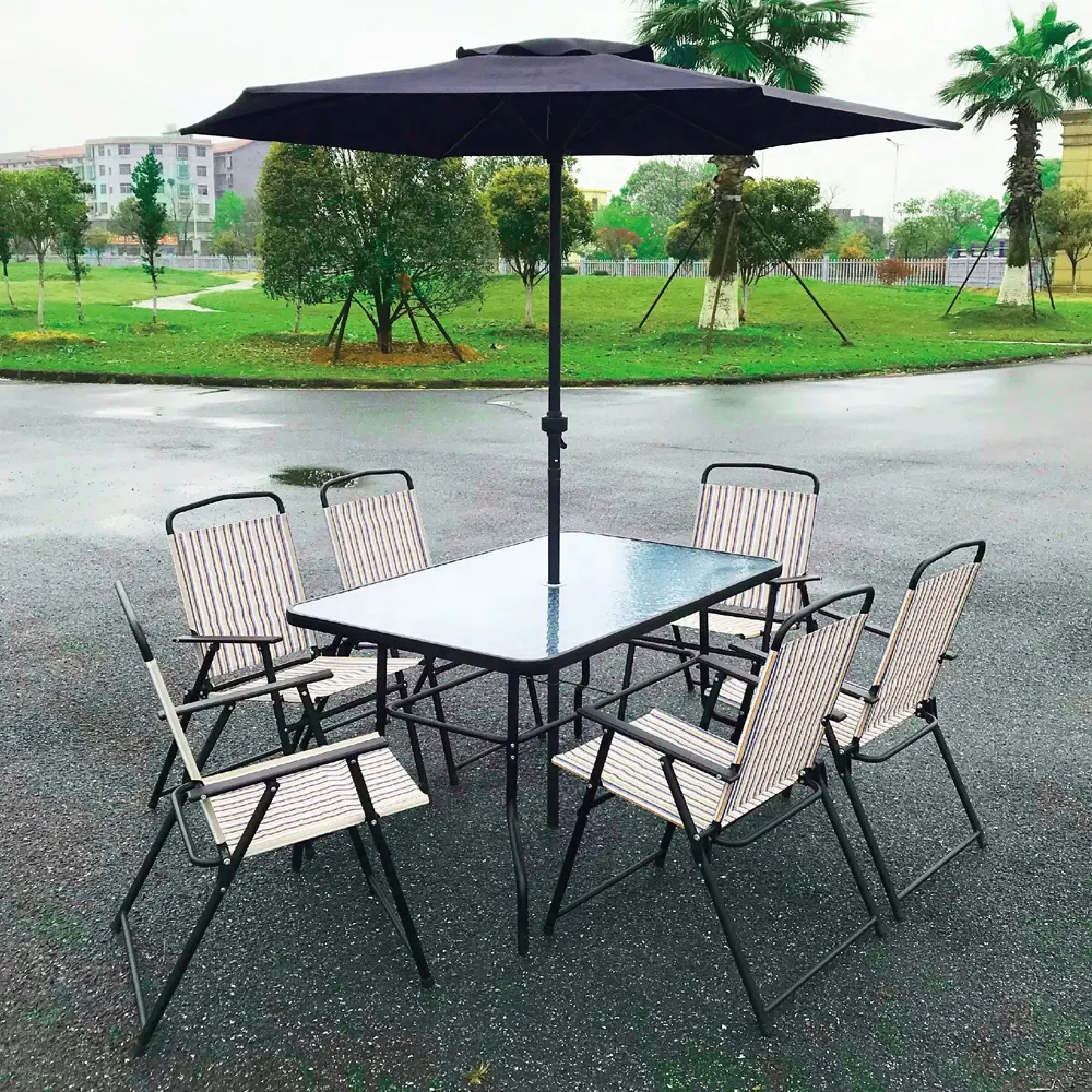 High Quality Outdoor Steel Picnic Garden Stack Chairs And Tempered Glass Table Sets