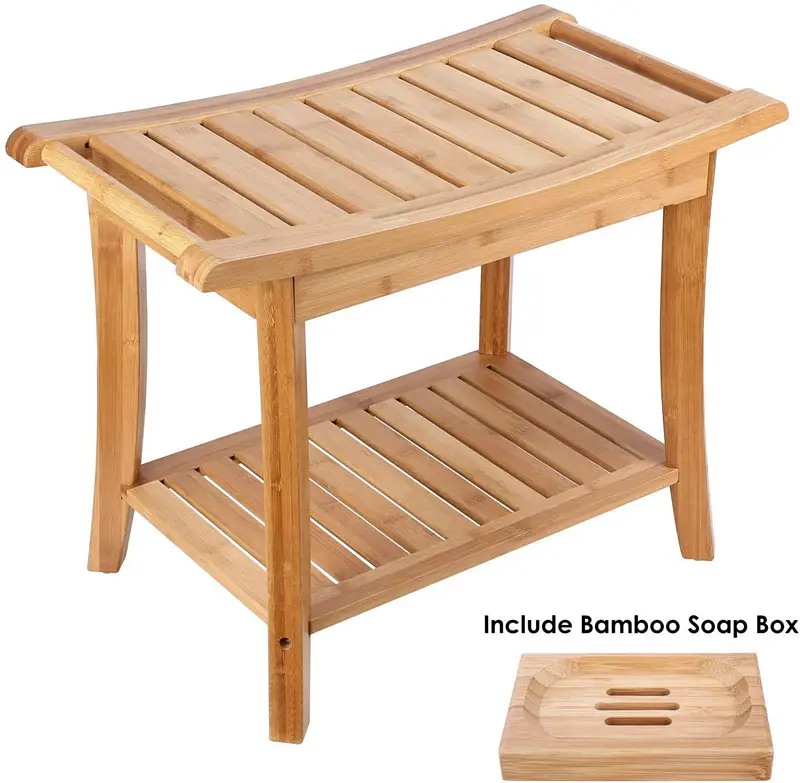 Bamboo Shower Seat Bench with Shelf  Bathroom Seat Stool  Spa Bath Deluxe Organizer Stool Spa Chair