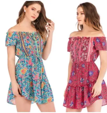 Ladies New Style Off-Shoulder Print Dress Summer Girls Stylish Bohemian Casual Dress Sexy dress