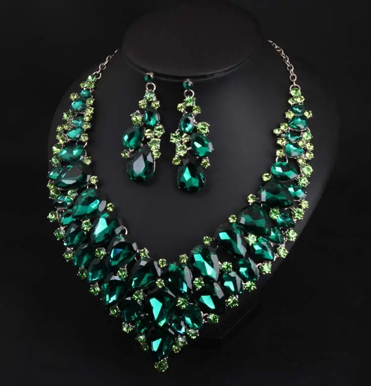 Европейский хит продаж, комплект из ожерелья и серег с зелеными кристаллами, Свадебный комплект ювелирных изделий в африканском стиле