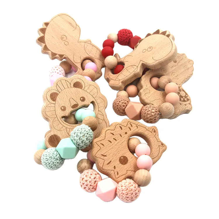 Wholesale Organic Dinosaur Shaped Beech With Beads Crochet Ball Wooden Silicone Wooden Teether Ring