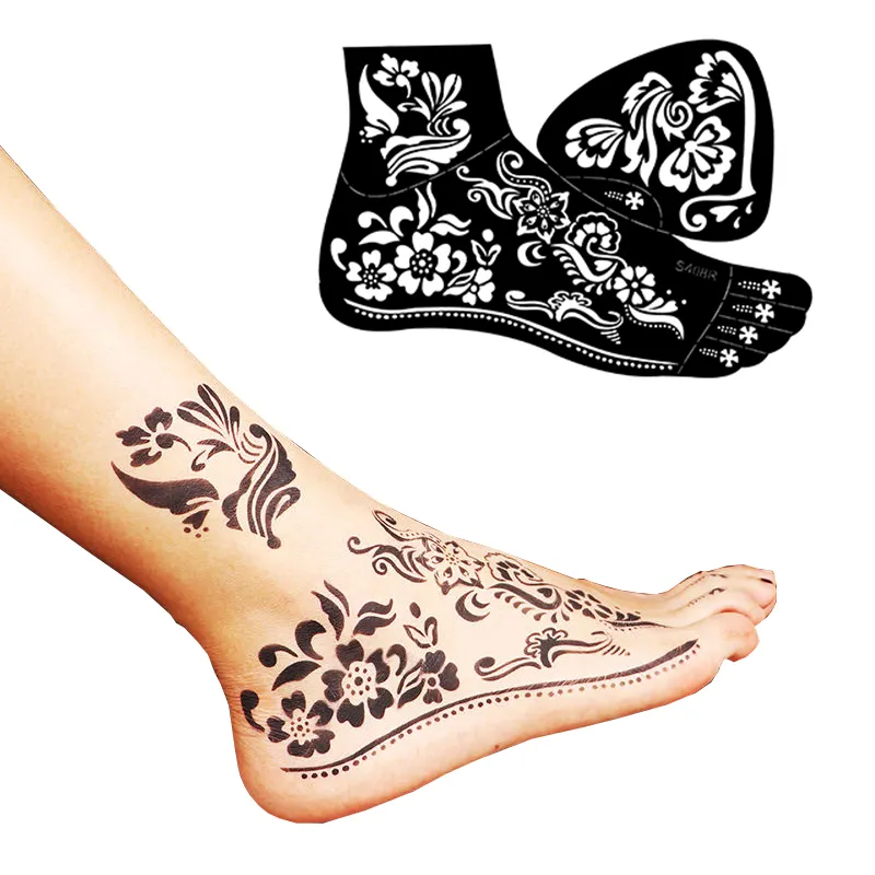 Self adhesive portable tattoo pvc foot stencil flower pattern hollow out henna tattoo stencil