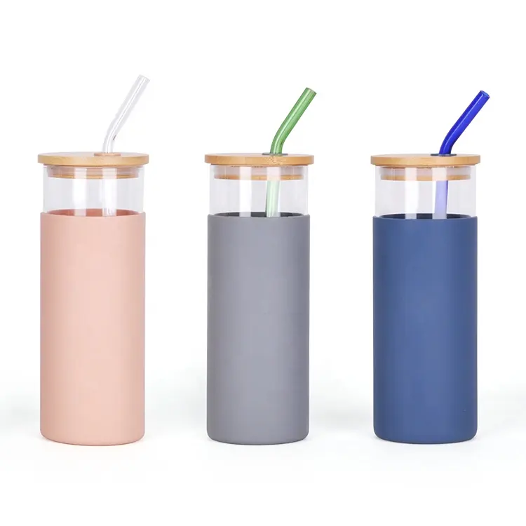 Bpa Free 15oz Hot Sales Bamboo Lid Silicone Protective Sleeve With Straw Glass Tumbler