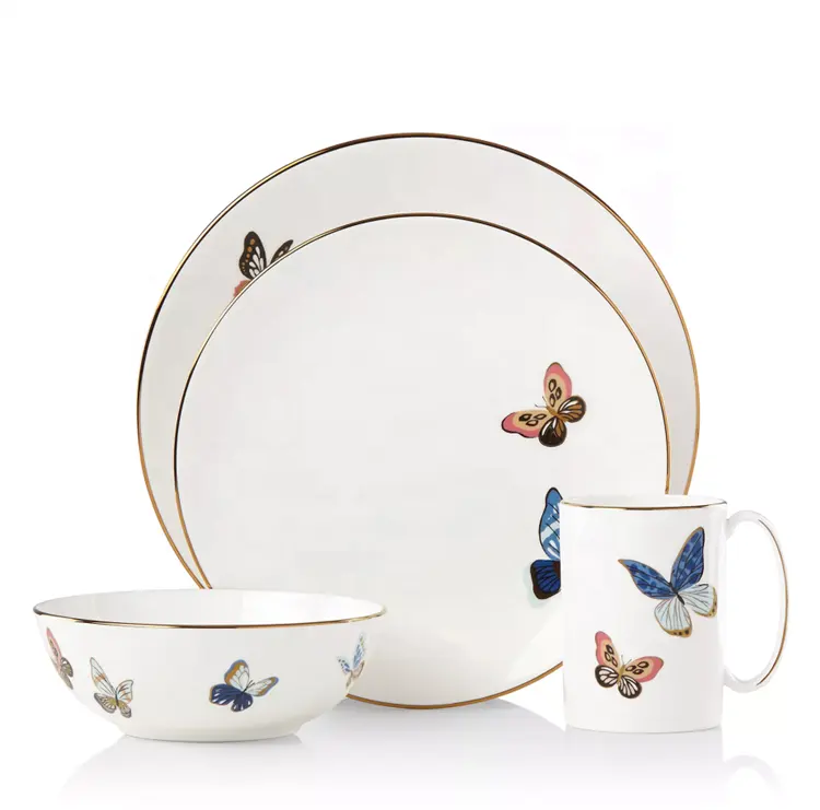 High end minimalist 4 pcs butterfly fine dinner serving ceramic dinnerware sets for banque