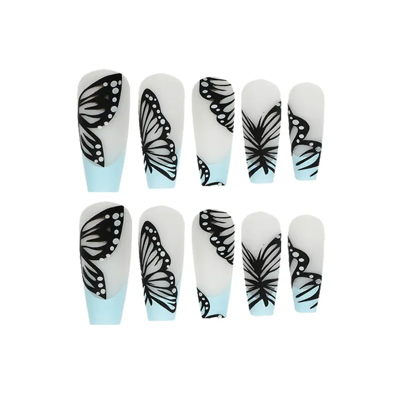 Синяя черная бабочка, оптовая продажа, накладные ногти с декоративными гвоздиками