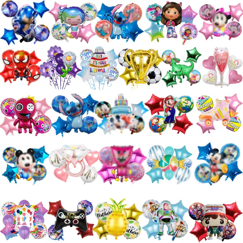 New Wholesale Cartoon Anime Mario Super Hero Stitch Lilo Lollipop Cake Globos Happy Birthday Balloon Set For Party Decoration