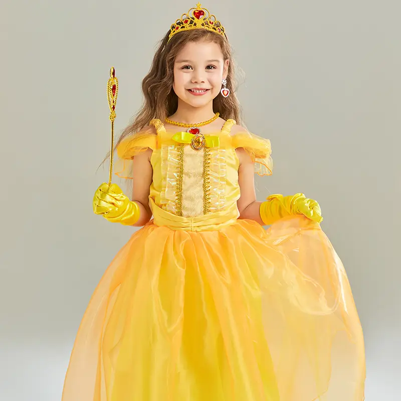 Популярная дизайнерская детская одежда, желтое платье принцессы для косплея с короной, Рождественский Костюм
