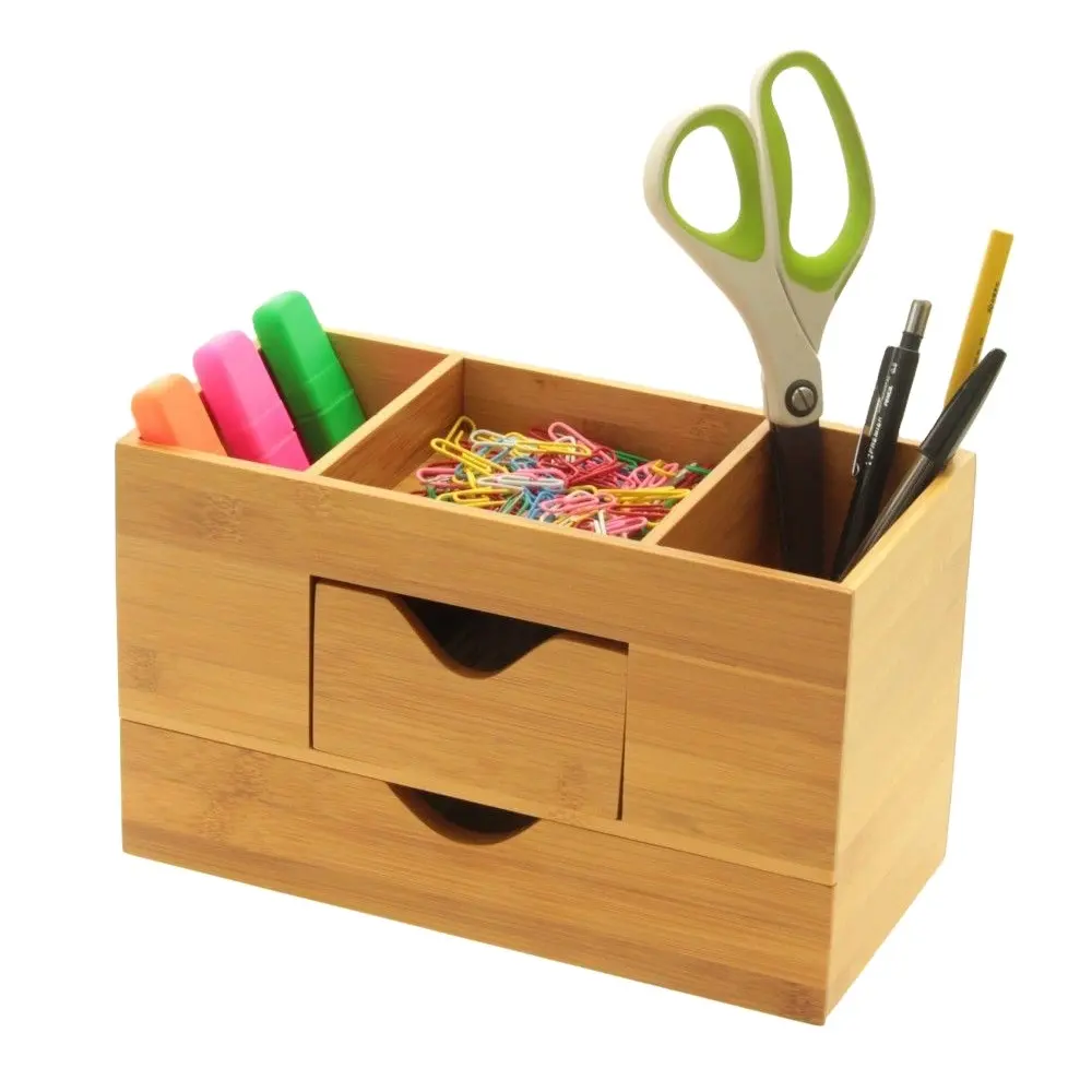 100% Natural Bamboo Desk Organiser.Bamboo Stationery Storage Box For Office Tidy.