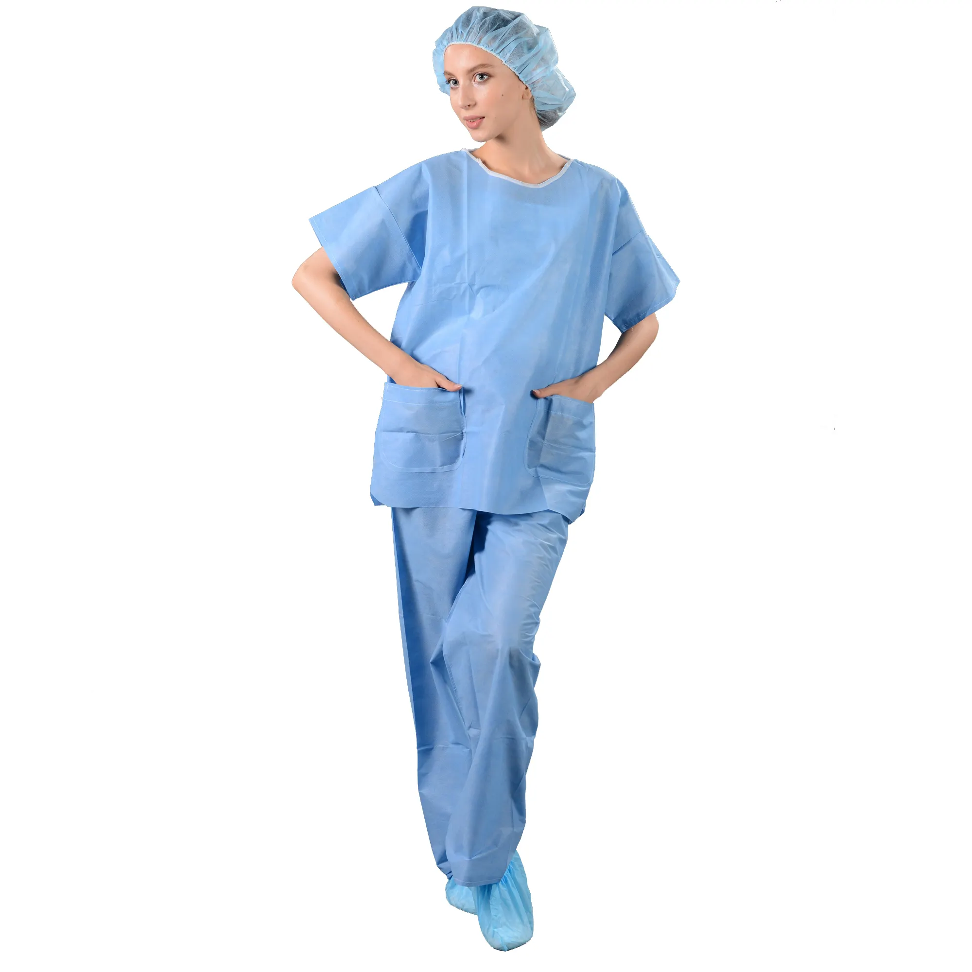 Бесплатный образец больничной униформы одноразовый набор скрабов, медицинские рубашки и брюки, синие одноразовые скрабы