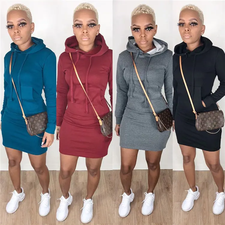 Autumn Winter Fashion Pocket Hooded Sweater Dress Long Sleeve Casual Pullover Sweatshirt Hooded Dress Warm Fleece Dress Women