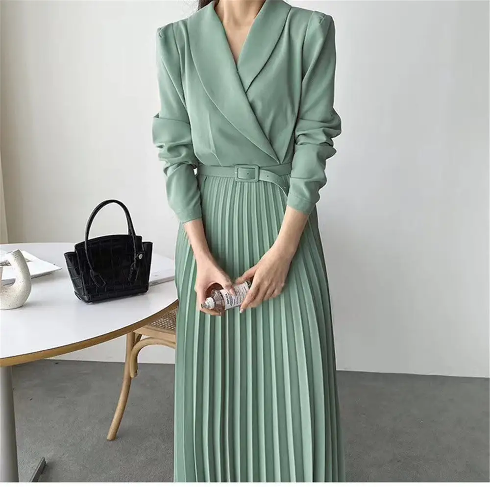 2021 spring and autumn Korean style elegant belt maxi length pleated Long Sleeve Dress formal  dresses with  pleated skirt