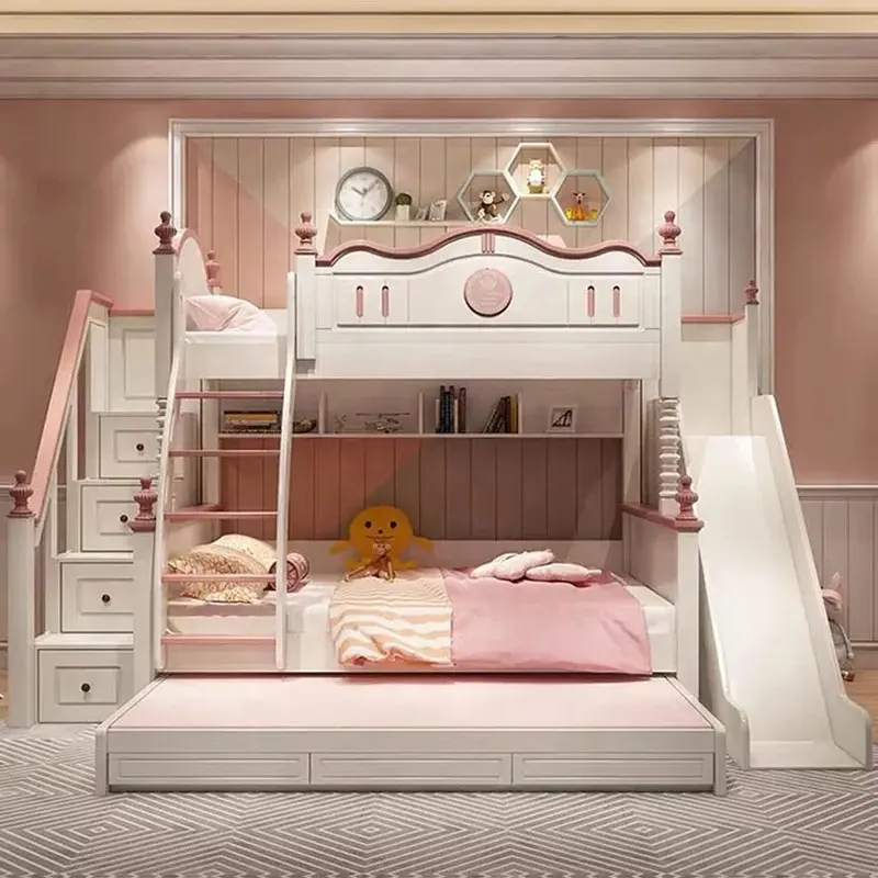 Детские кровати замок принцесса для девочек двухъярусная детская кровать набор мебели для девочек розовая мебель для спальни с горкой