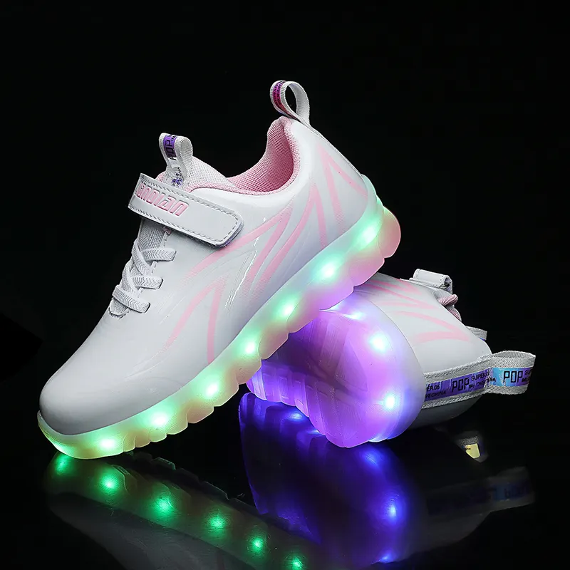 New Children's Shoes Patent Leather Waterproof Kid's Led Lights Shoes Boys and Girls