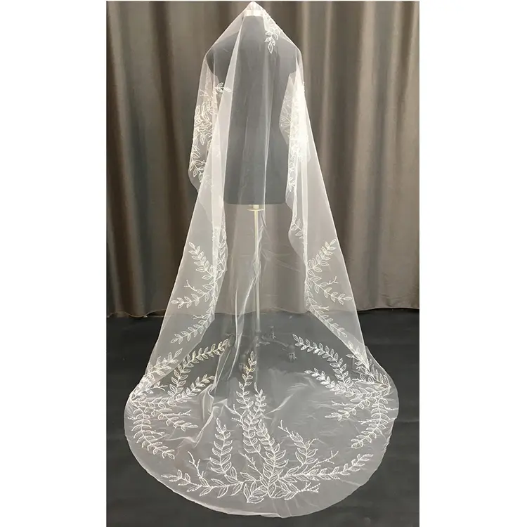 Custom Elegant Style Design Beaded Floral Leaf Patterns Cathedral Length Wedding Veil For Bride