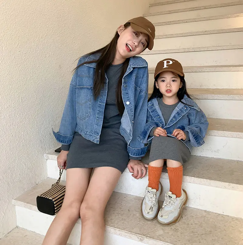 Family Clothing Mommy And Me Dresses With Jean Jackets Set Girls Boutique 2pcs Casual Mother And Daughter Matching Outfits