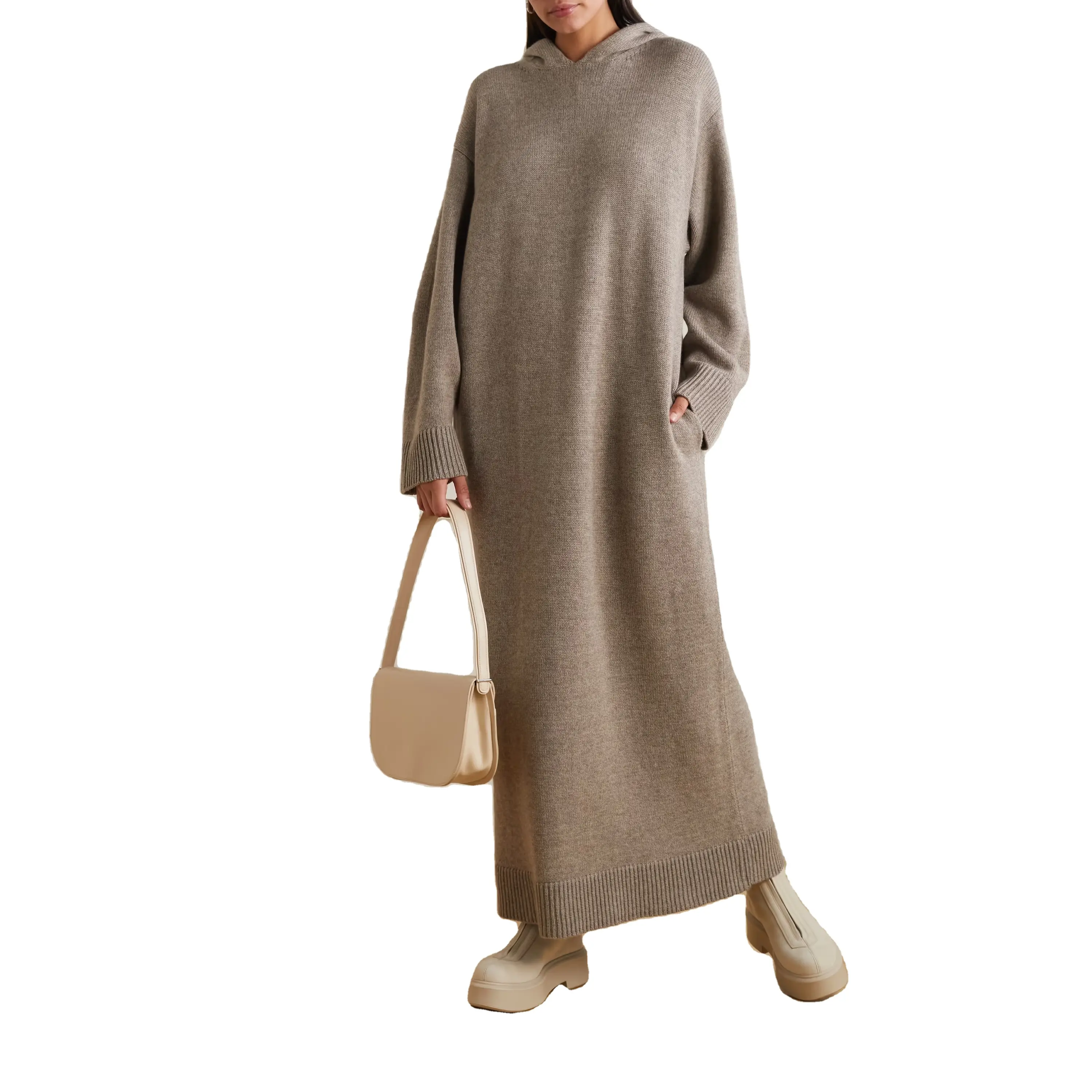 Оптовая продажа от производителя, свободное повседневное женское Платье-Свитер оверсайз с капюшоном из смеси шерсти и кашемира для зимы