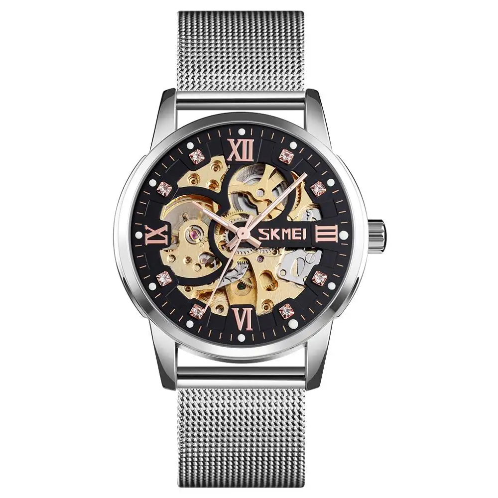 SKMEI 9199 Mesh Stainless Steel Luxury Automatic Mechanical Wrist Watch For Men 2019