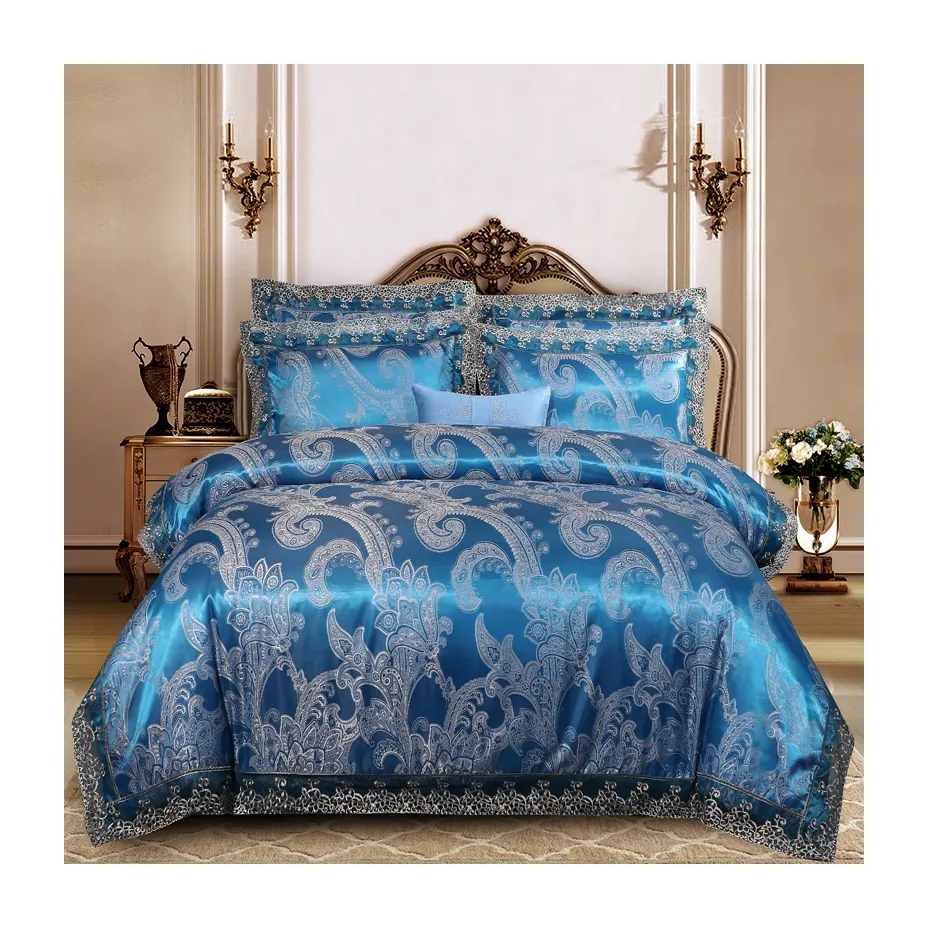 Amazon select supplier designer jacquard comforter bed cover 100% Cotton satin lace edge bed sheet 4 Pcs bedding set