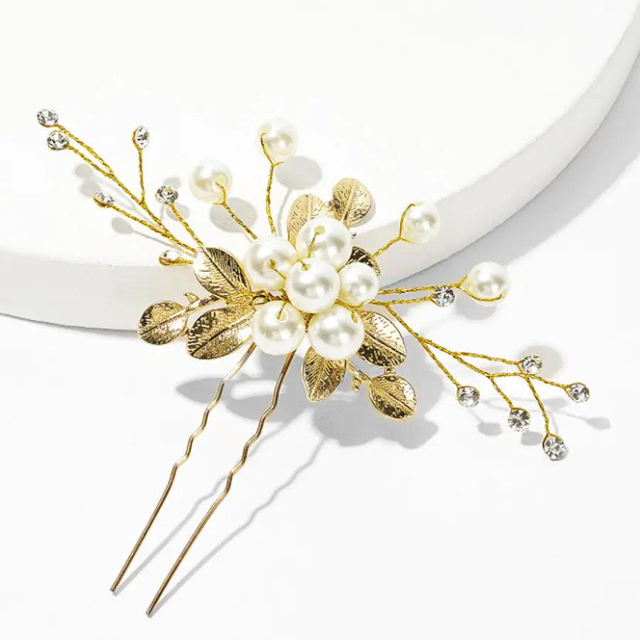 Модные жемчужные U-образные заколки ручной работы, свадебные шпильки для волос с золотыми листьями и стразами, свадебные украшения