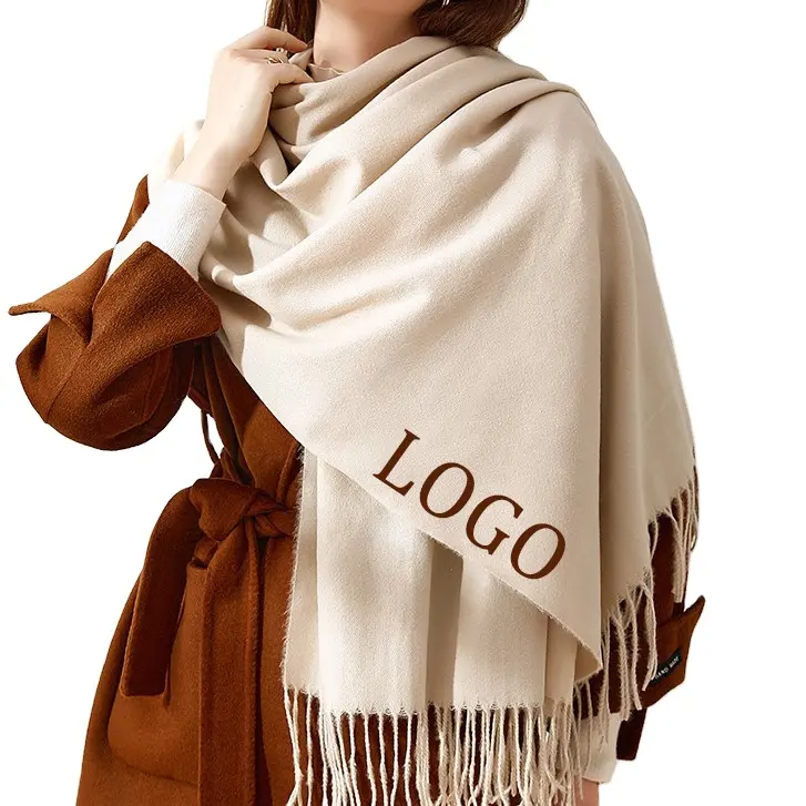 Custom LOGO Cashmere Winter Scarf Warm Soft Pashmina Neck Scarves 100% Merino wool Shawl Blanket Ladies Plaid Tassel  for Women