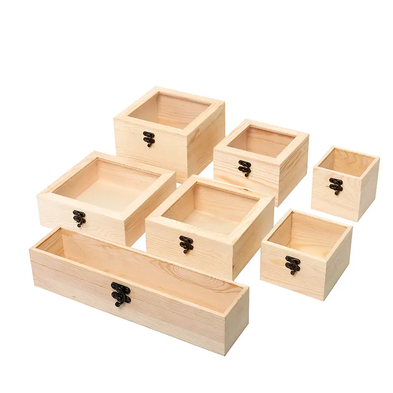 Деревянная Подарочная коробка естественного цвета с прозрачным окошком из ПВХ, квадратная деревянная коробка для цветов, деревянные коробки для растений
