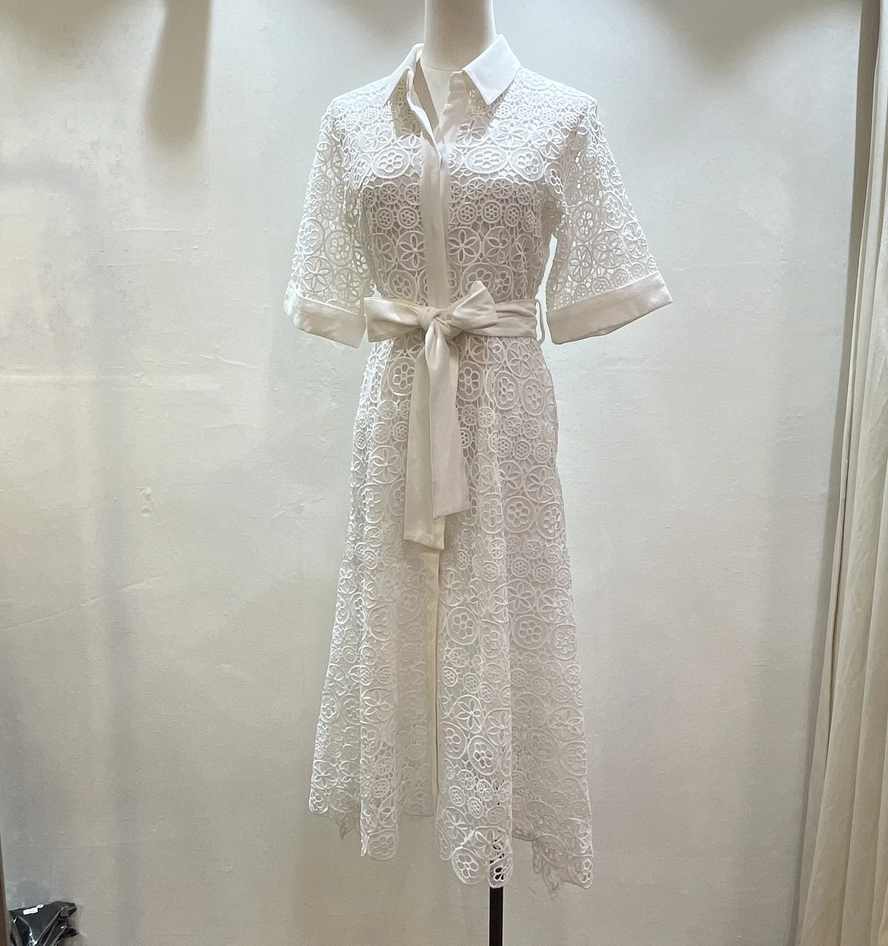 Sweet Lace Polo Collar Short Sleeve Bowknot Dry Cleaning Daily Dress White Dress Cos Women Dresses Casual One-piece Ladies