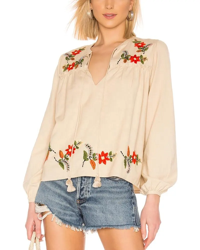 OEM новый дизайн V-образный вырез с кисточками Цветочная вышивка Женская Весенняя блузка с длинным рукавом