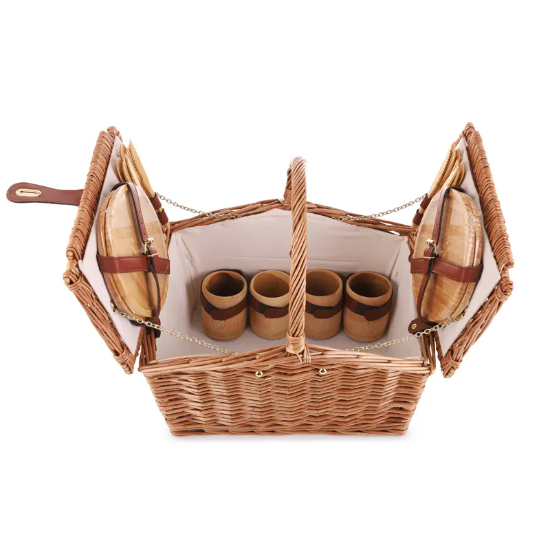 4 person picnic wicker basket with bamboo cuterly and cup  plates
