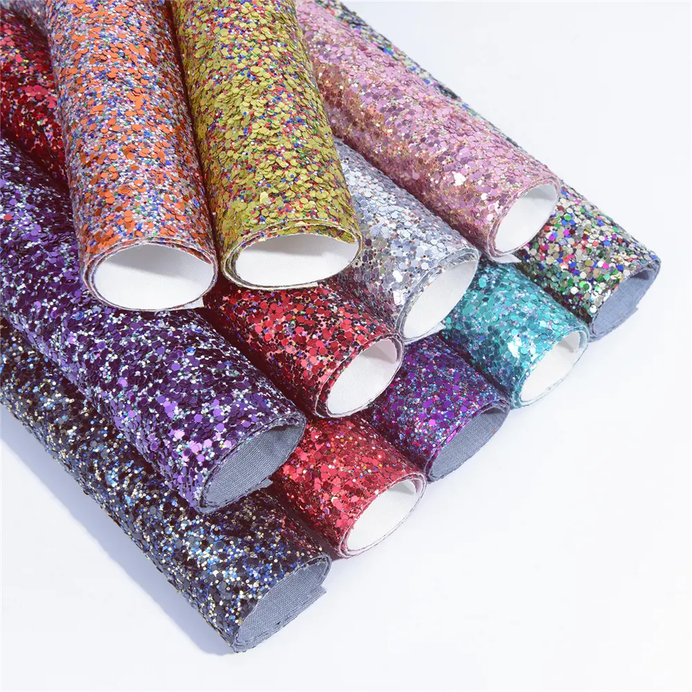 SR19029 Colorful matte cuero por yarda faux pu leather rolls 3d full thick big sparkle shiny chunky glitter sequins fabric