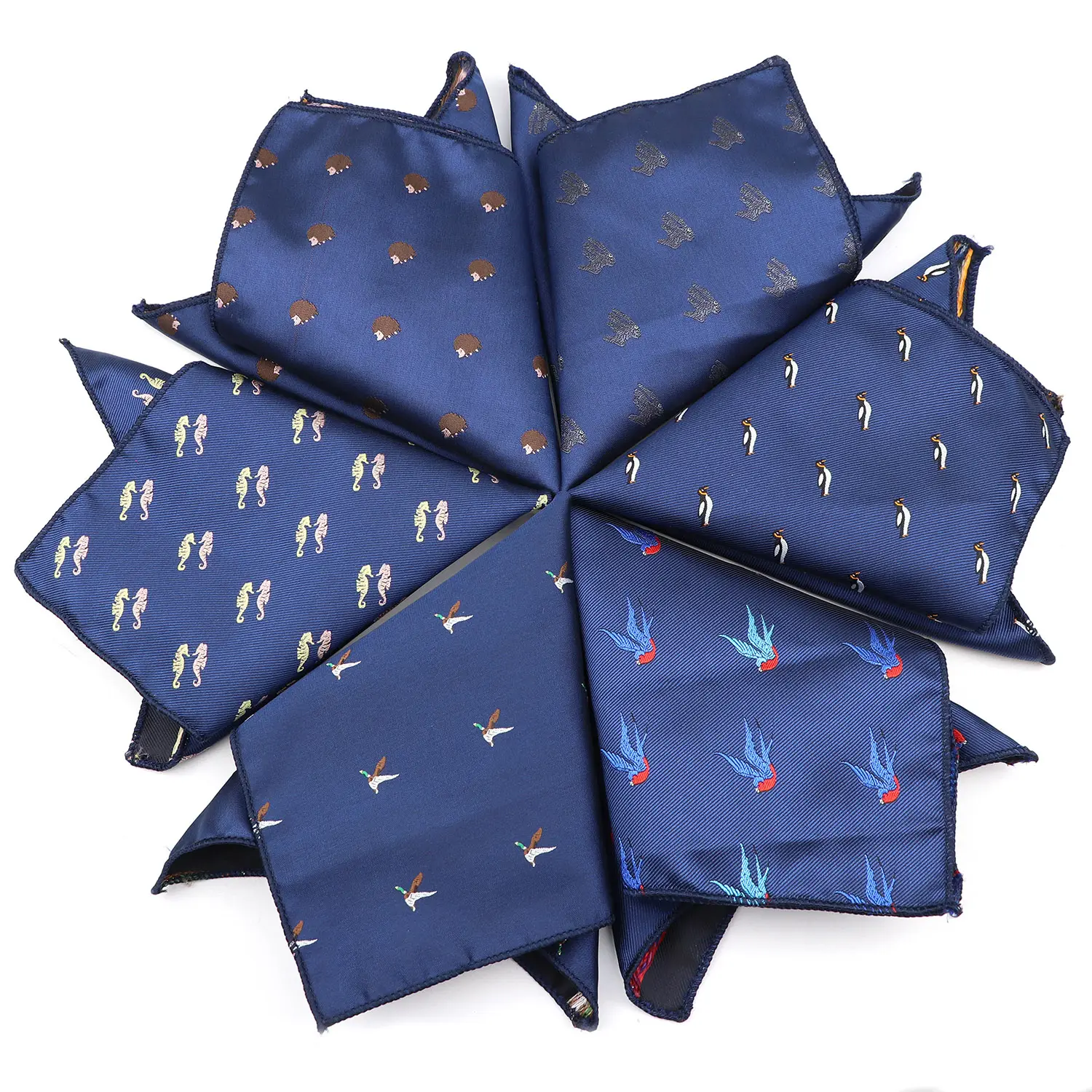 Mens Dark Blue Cartoon Hankies 24cm Polyester Pocket Square Astronaut Animal Flower Pattern For Men Business Party Accessory