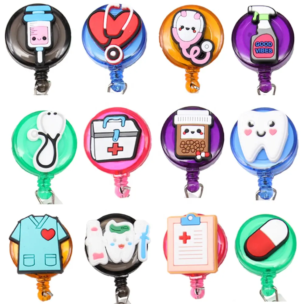 Mix Color Medical Design Stethoscope Heart Pill Tooth Retractable PVC ID Badge Holder Reel With Belt Clip