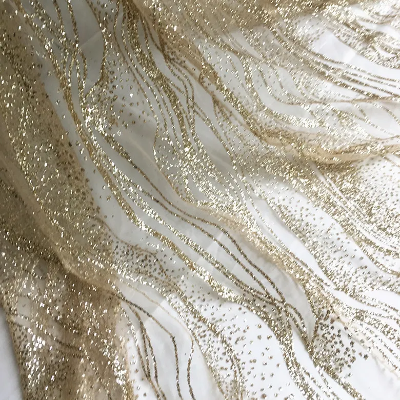 In stock Gold Silver White Pink Blue Wave water ripple Soft glitter tulle fabric for wedding dress