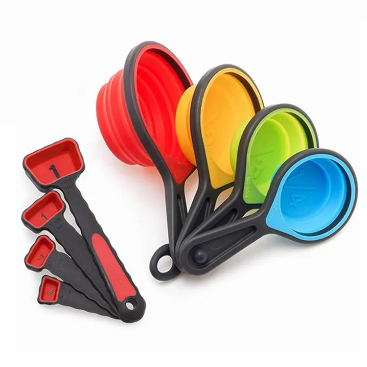 BPA Free Silicone Measuring Cups and Spoons Set Heat Resistant Foldable Engraved Metric Cups and Spoons Set